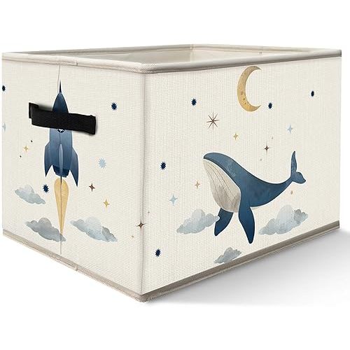 FDHSPAAM Outer Space Rocket Whale Nursery Storage Bins Box with Handles, Cosmic Galaxy Planet Star Moon Collapsible Fabric Storage Basket Box Organizer for Bedroom Bathroom Clothes Toys Books