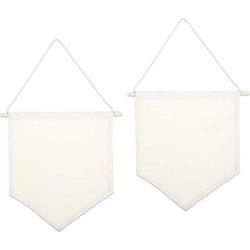 2Pcs Blank Pennant Flag Banners - DIY Cotton Canvas Wall Decor for Baby Shower, Wedding, Graduation | Hanging Banner for Classroom, Nursery, Party Decor | Enamel Pin & Brooch Display Board