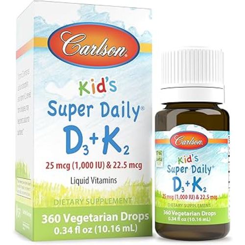 Carlson - Kid's Super Daily D3+K2, 25 mcg (1,000 IU) D3 & 22.5 mcg K2, Vitamin D Drops with Vitamin K2, Liquid Vitamins, 1000 IU Vitamin D3, Heart & Bone Health, 1-Year Supply, Unflavored, 360 Drops