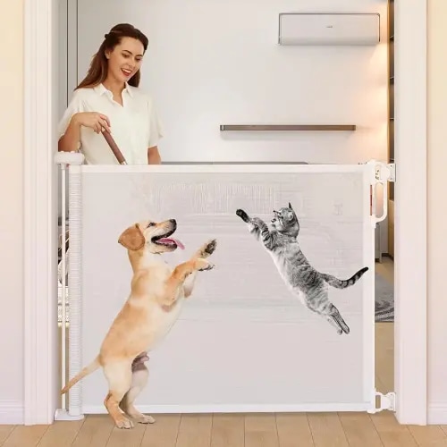 Retractable Baby Gate, Momcozy Extra Wide Mesh Baby Gates for Stairs, 41" Tall, Extends to 71" Wide, Black, Pet Dog Gate for Doorways, Stairs, Hallways, Indoor/Outdoor