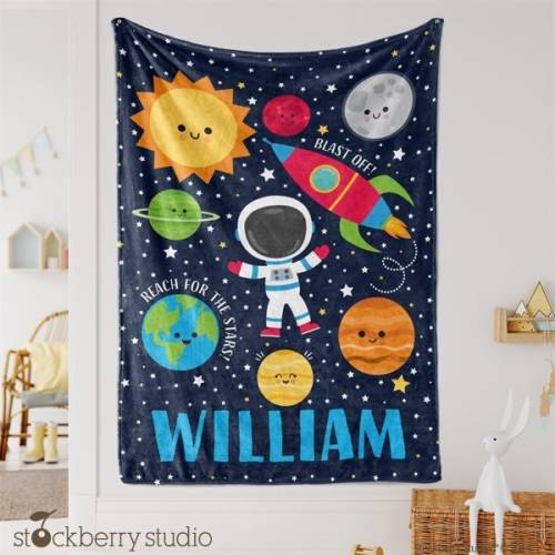Space Blanket Personalized Blue Boy Kids Solar System Name Blanket Planets Spaceship Baby Rocket Throw Blanket Galaxy Room Décor Custom