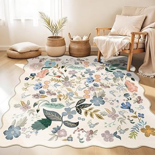 Floral Square Area Rugs for Family: Washable 5x5 Scalloped Carpet for Living Room Bedroom Soft Water Resistant Floor Mat with Non Slip Backing for Kitchen Nursery Dorms Farmhouse Home Decor(5x5,Cream)