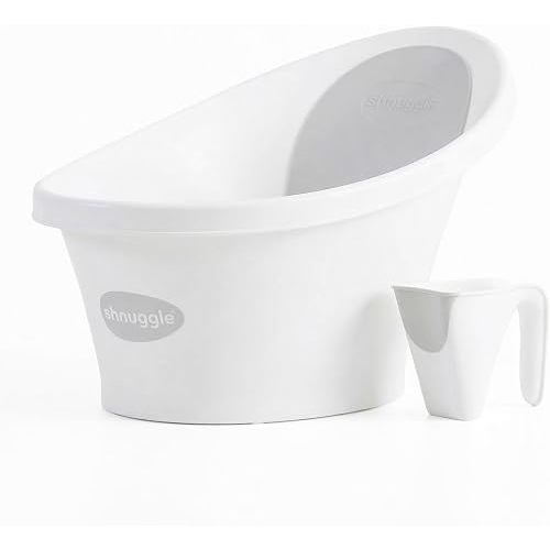 Shnuggle Newborn Bath Essentials Bundle | Baby Bath with Support Bump and Soft Backrest & Rinse Jug | Safe, Gentle, and Stylish Bathtime Set for Babies & Toddlers | White/Grey