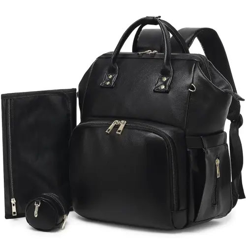 Premium Vegan Leather Diaper Bag Backpack with Waterproof Changing Pad – Reinforced Stitching & Zippers, Baby Bag for Boy Girl, Stroller Straps, Ergonomic Design for Traveling Moms, Black