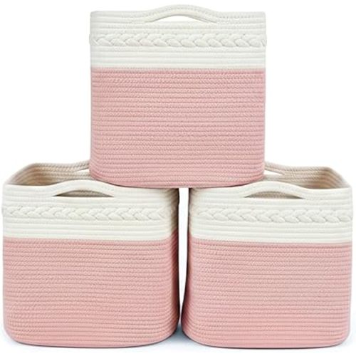 danpinera Storage Cubes, 13 Inch Cube Storage Organizer, 3-Pack, Cotton Rope Woven Baskets for Shelves Organizer, Classroom, Kitchen, Laundry, Closet, Baby Nursery, 13x13x13IN, White & Pink