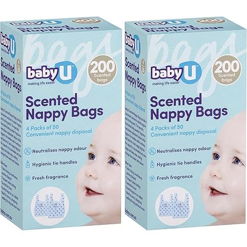 babyU Scented Nappy Bags Convenient Nappy Disposal Neutralises Nappy Odour Hygienic Tie Handles 200pk (Pack of 2)