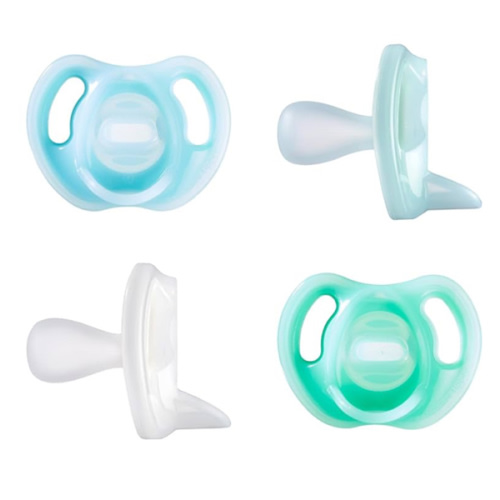 Tommee Tippee Ultra-Light Silicone Pacifier, 0-6 Months, Symmetrical One-Piece Design, BPA-Free Silicone Binkies, Blue/Green/Clear, Pack of 4