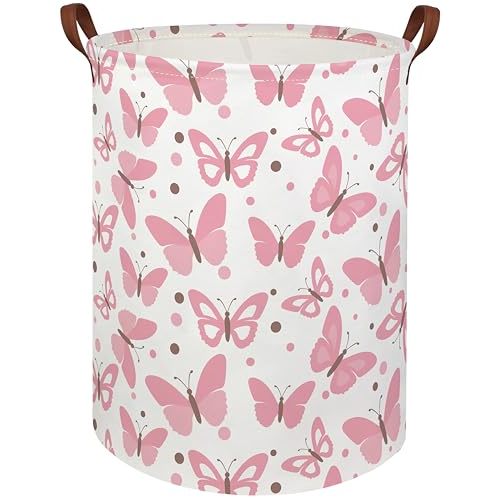 HIYAGON Girls Pink Laundry Baskets Baby Hamper for Nursery Girl Cute Kids Toy Organizer Bins Butterfly Room Decor Bedroom Bathroom(Pink Butterfly)