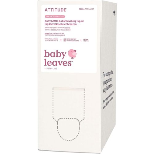 ATTITUDE Baby Dish Soap and Bottle Cleaner, EWG Verified Dishwashing Liquid, No Added Dyes or Fragrances, Tough on Milk Residue and Grease, Vegan, Vegan, Unscented, Bulk Refill, 67.6 Fl Oz