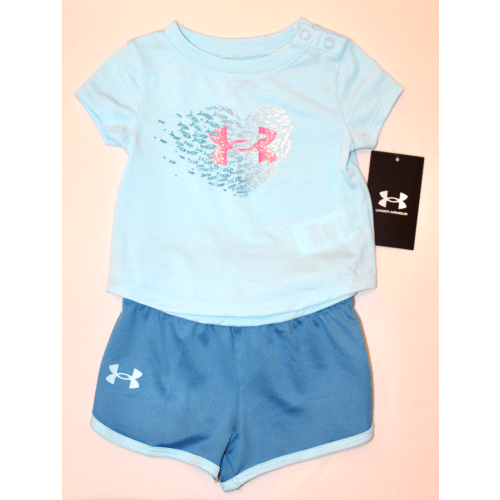 NWT-Flaw Under armour Infant Girls Stream Blue Fish Logo SS 2pc Short Set 3-6M