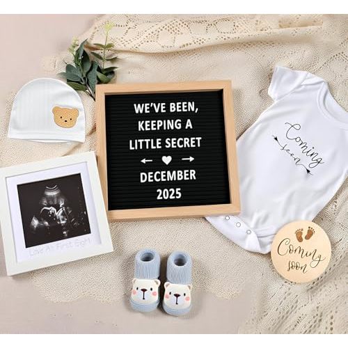 Pregnancy Announcement, Baby Announcements Ideas Set Include Announcement Board, Baby Onesie, Baby Booties, Beanie Hat, Photo Frame and Wood Sign, Baby Coming Soon Announcement Baby Announcement Props