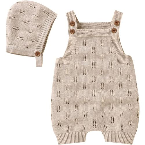 LAWKUL Baby Knit Romper Sleeveless 100% Cotton Jumpsuit with Hat Newborn Outfits Overall Bodysuit One Piece 2pcs