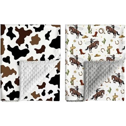 Jola's House 2 Pack Cowboy Baby Blanket Western Cowboy Gender Neutral Minky Blankets for Newborn Baby Girls or Boys Cowboy Nursery Toddler Double Layer Blanket with Dotted Backing (Western)