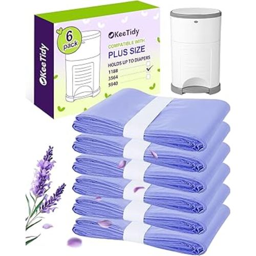 Diaper Pail Refill Bags Compatible with DEKOR PLUS Diaper Pails, 20% Extra Length Diaper Bags Disposable with Lavender Flavor, Holds up to 3564 Diapers, 6 Pack