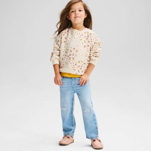 Baby Girls' Destructed Straight Leg Denim Pants - Cat & Jack™ Light Wash 12M