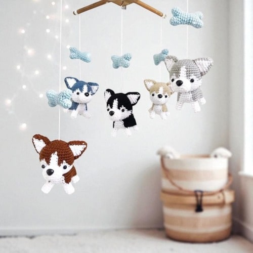 Siberian husky Puppy Crochet Baby Mobile, Dog baby mobile, Nursery decor,Dog crochet mobile, siberian husky baby mobile, Baby Shower Gift