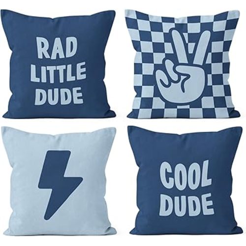 HIWX Rad Little Cool Dude Preppy Purple Checkered Peace Sign Lightning Pillowcase Throw Pillow Cover, Trendy Preppy Decor for Sofa Bed Boy Teen Room Dorm, 18x18 Inch, Set of 4