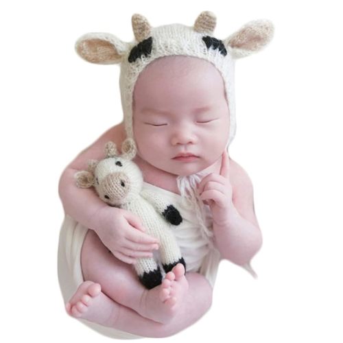Newborn Baby Photo Prop Boy Girl Photo Shoot Outfits Crochet Knitted Clothes Cows Doll Hat Blanket Set Photography Shoot
