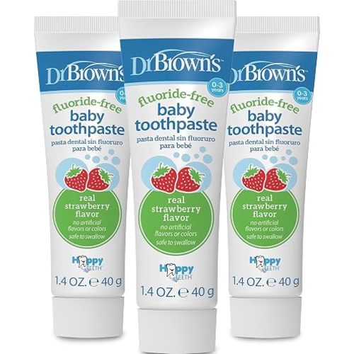 Dr. Brown's Fluoride-Free Baby Toothpaste, Infant and Toddler Oral Care, 1.4oz/40g, 0-3 Years, Strawberry, 3-Pack