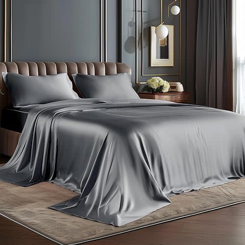 BEDELITE Satin Sheets Queen Size Bed Set, Dark Grey, 4 Pieces