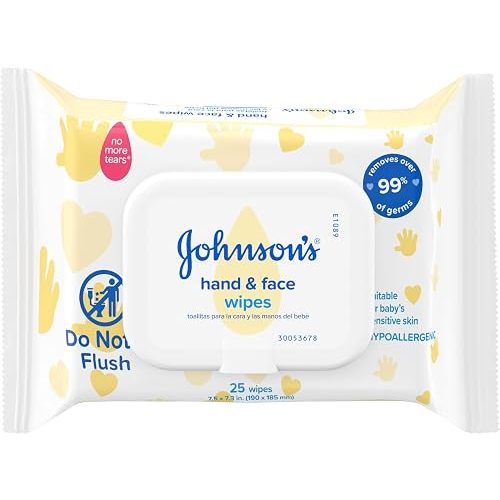 Johnson's Baby Disposable Hand & Face Cleansing Wipes, Pre-Moistened Wipes Gently Remove 99% of Germs & Dirt from Delicate Skin, Paraben-, Phthalate- & Alcohol-Free, Hypoallergenic, 25 Count