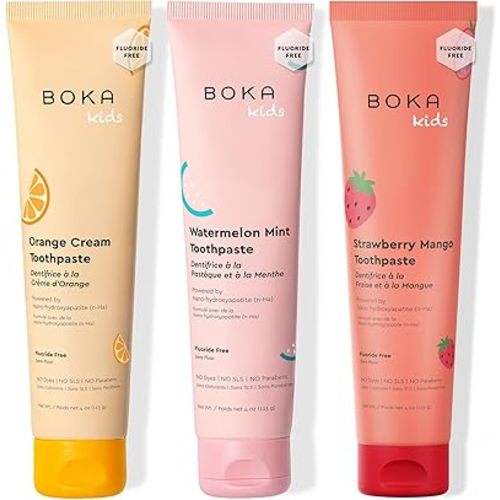 Boka Fluoride Free Toothpaste Nano Hydroxyapatite Toothpaste - Orange Cream, Watermelon Mint, Strawberry Mango Flavor, 4 oz 3Pk