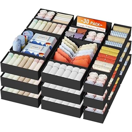 DIMJ Drawer Organizer Clothes, 28Pack Dresser Organizer, Foldable Closet Organizers and Storage, Fabric Dresser Bins, Drawer Dividers for Nursery, Baby Clothes, Underwears, Sock,Black