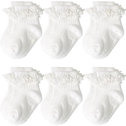 AQOKKA Baby Girl Toddlers Socks with Non-slip Grip Cute Frilly Ruffle Ankle Soft Cotton Newborn Baby Socks for Infant Kids
