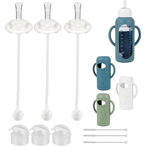 Straw Cup Conversion Kit with Silicone Sleeves for Dr. Brown's Narrow Glass Baby Bottle 8oz, Weighted Straw Replacement Kit with Soft Straw Top and Handle,3-Pack,8m+