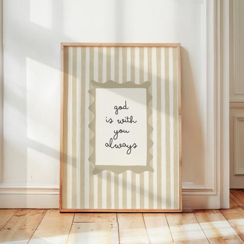 God Is With You, Christian Wall Art for Kids Room, Striped Nursery Print, Neutral Bible Quote Poster, Faith Scripture for Baby Playroom