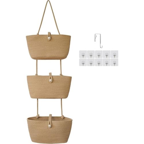 TeoKJ 3-Tier Hanging Baskets for Storage with Pearl Button Strap, Cotton Rope Over the Door Organizer, Wall-Mounted with Hook Decorative Hanging Nursery Baskets, Jute