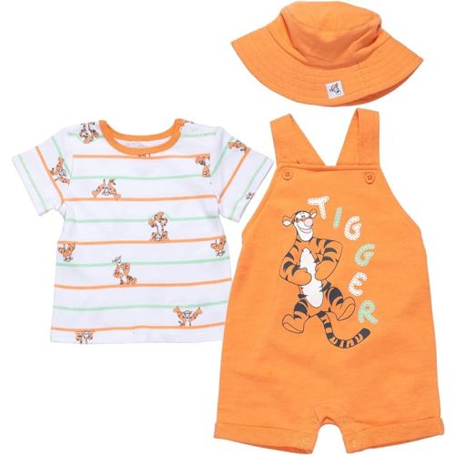 Disney Winnie the Pooh Baby Short Overalls, T-Shirt & Hat 3 Piece Outfit Set Newborn to Infant Sizes (0-24 Months)