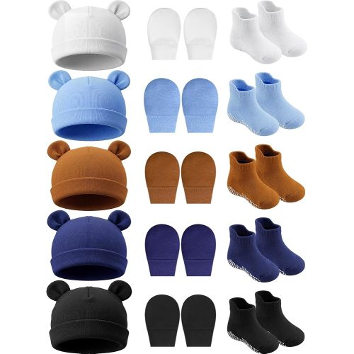 Geyoga Newborn Baby Hat Bear Ears Mittens and Socks Set for 0-6 Month
