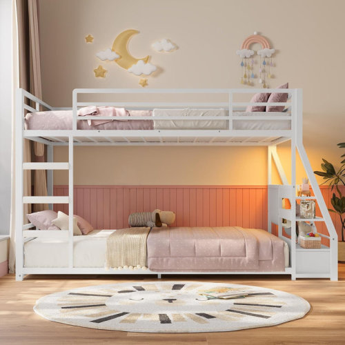 Isabelle & Max™ Low Bunk Bed With Sling Bookshelves, Storage Drawers & Power Outlet, Led Metal Floor Bunk Twin Over Twin With Full-length Guardrail & Metal Slats & Reviews | Wayfair
