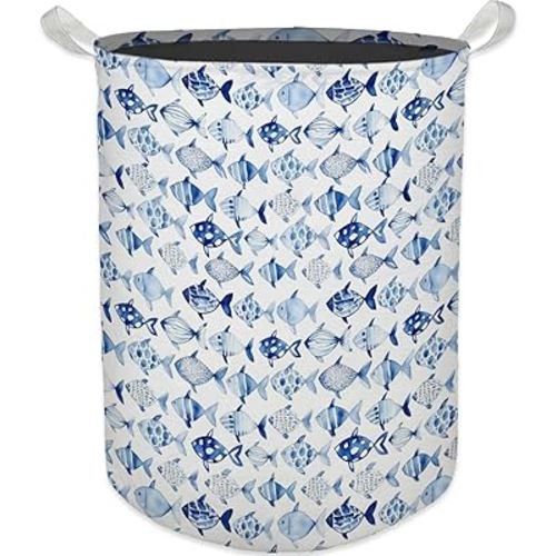 Blue Coastal Beach Fish Laundry Basket, Toybox for Boys Girls, Ocean Blue Fish Laundry Basket Hamper Waterproof Collapsible Clothes Toys Storage Bin Organizer for Bedroom Bathroom Kids Room