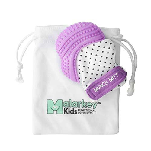 Malarkey Kids Munch Mitt Teething Mitten - The ORIGINAL Mom-Invented Silicone Teether Mitten with Travel Bag Ideal Teething Toys for Baby Shower Gift - Purple Polka Dot