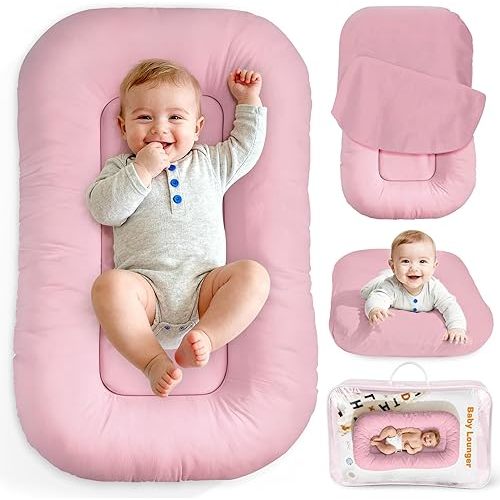 Idudbid Baby Lounger & Snuggle Nest for Newborn 0-24 Months, Baby Nest Supervised Breathable Cotton for Newborn, Breathable Portable Infant Lounnger for Travel and Home, Pink (Lounger Cover Included)