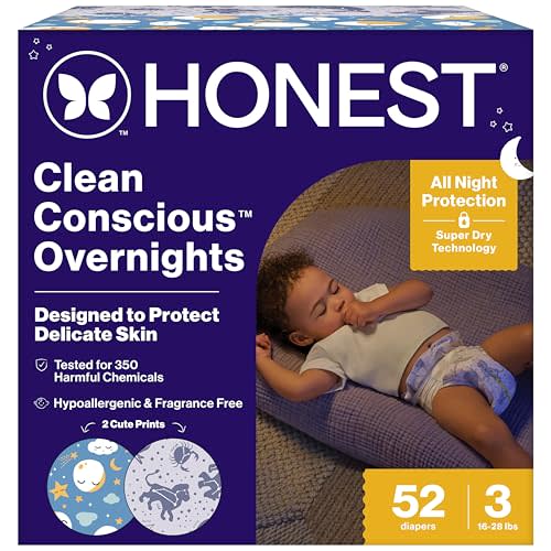 The Honest Company Comfort Dry Disposable Overnight Diapers for Sensitive Skin, Hypoallergenic, Baby Cozy Cloud and Star Signs Design Club Box Size 3 (16–28 lbs) 52 Count