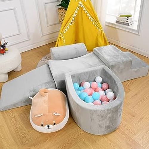 Soft Play Climb and Crawl Activity Playset - Foam Climbing Blocks for Toddlers 1-3 - Luxury Velvet Indoor Soft Play Set - Baby Climbing Blocks - 5 PCS (BALLS NOT INCLUDED) (Gray)