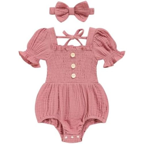 Baby Girl Romper Newborn Puff Sleeve Smocked Outfit with Headband for Infants Soft Cotton Photo Shoot