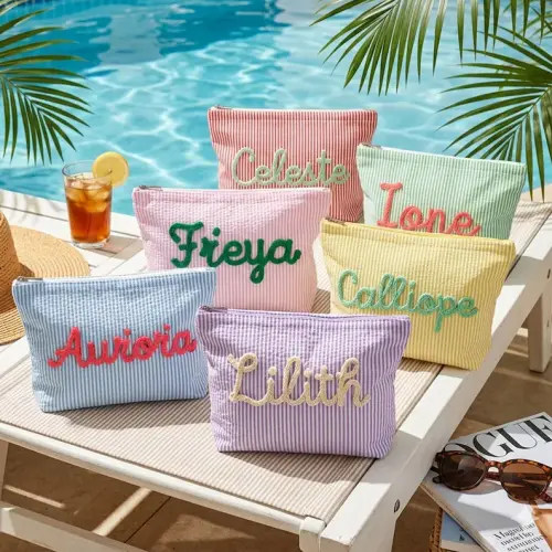 Custom Seersucker Personalized Chenille Name Toiletry Bag