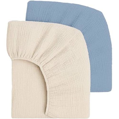 Mère & Moi Muslin Fitted Crib Sheets – 100% Cotton, Ultra-Soft & Breathable Baby Bedding for Standard Crib & Toddler Mattress (28” x 52”) - 2 Pack (Light Blue and Cream)