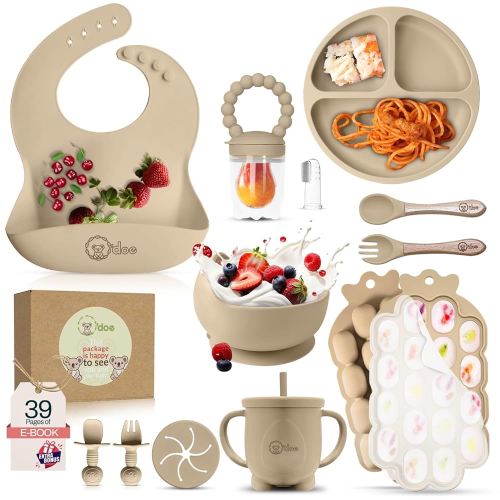O'doe Baby Weaning Set – 15 Pcs Silicone Baby Feeding Set with Suction Plate, Bowl, Bib, Sippy Cup, Fruit Feeder, Freezer Tray