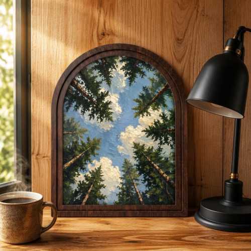 Majestic Forest Canopy Wall Art, Textured Pine Tree Sky Painting, Arched Wood Frame, Woodland Nature Decor, Cabin Wall Art Gift
