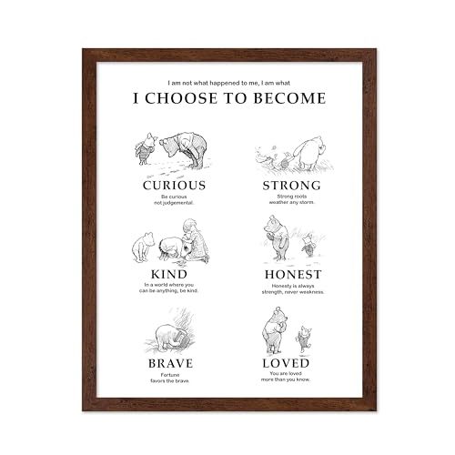 Poster Master Winnie & Friends Print - What I Choose To Become Poster - Motivational Art - Positive Affirmation Nursery Room Decor - Great Playroom or Kid's Room Wall Decor - 8x10 Brown Framed