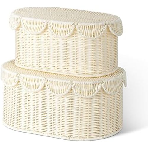 GRANNY SAYS Plastic Wicker Storage Basket with Lids, Woven Scalloped Baskets for Organizing, Decorative Box with Scalloped Edge, Wicker Box for Shelves, Nursery, Bathroom, Living Room