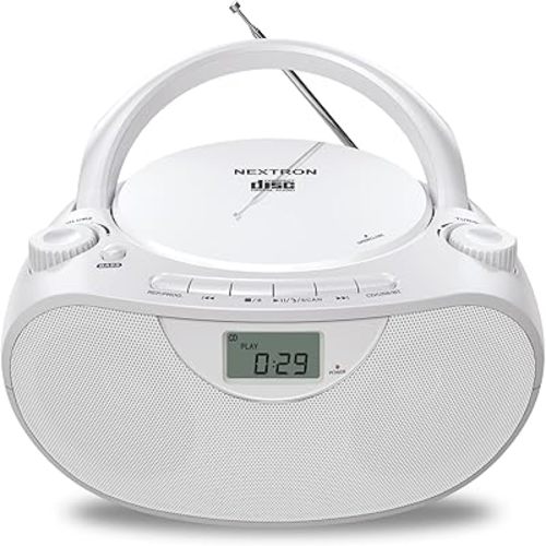 Portable CD Player Bluetooth Boombox with AM/FM Radio, USB, AUX-in, Headphone Jack, CD-R/RW & MP3-CD Compatible, Stereo Sound with Bass Boost, AC/Battery Operated – White