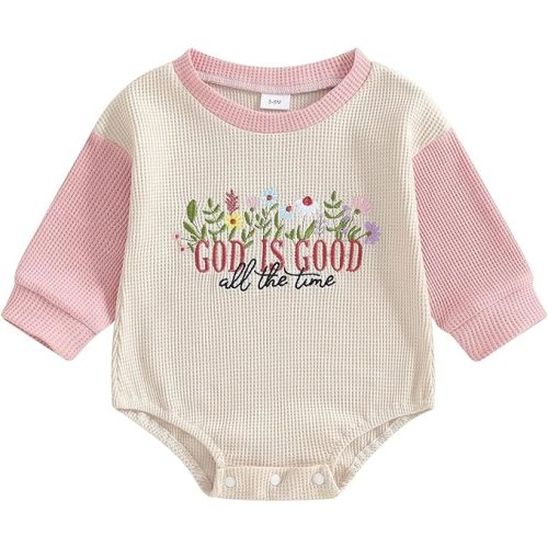 Baby Girl Christian Clothes God is Good Flower Embroidery Bubble Romper Waffle Long Sleeve Bodysuit Fall Outfits