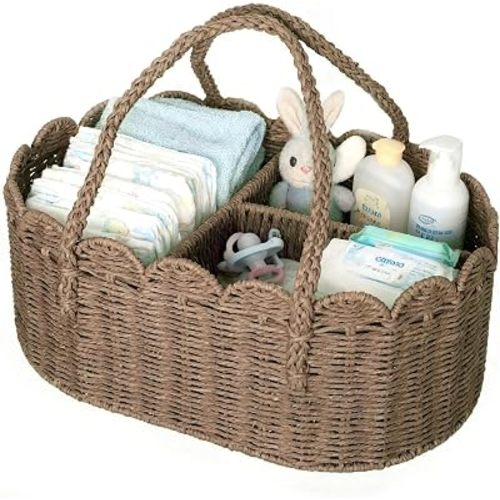 Diaper Caddy Organizer, Paper Rope Storage Baskets Nursery Bin with Removable Divider, Portable Car Organizer for Diapers, Baby Shower Gifts, Newborn Essentials Must Haves (Brown)
