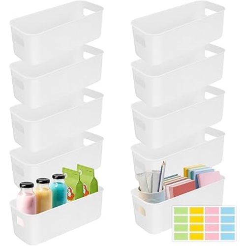 10Pcs Plastic Storage Bins, 10" Long Bathroom Organizing Bins, Narrow White Storage Basket Open Drawer Organizer Box with Handle for Bathroom Kitchen Office Vanity Pantry Shelves